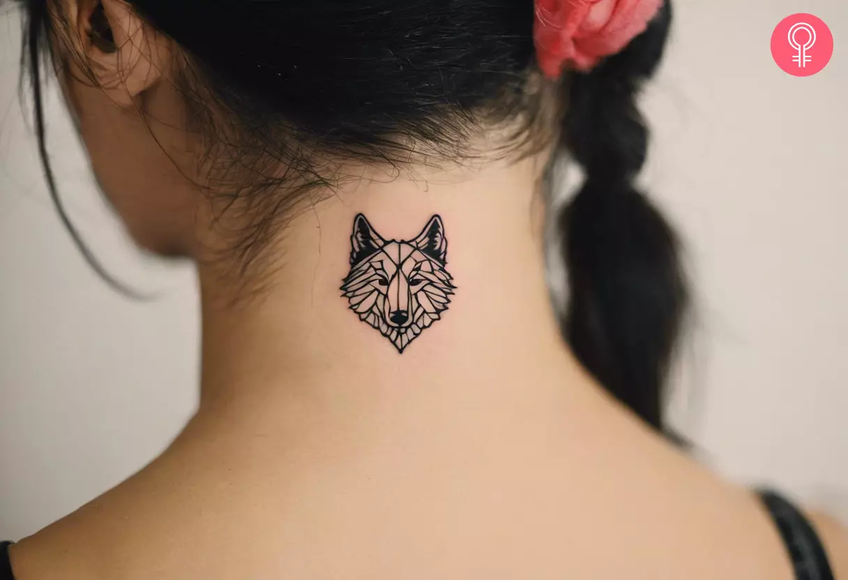 A minimalist line art of a wolf on the back of the neck