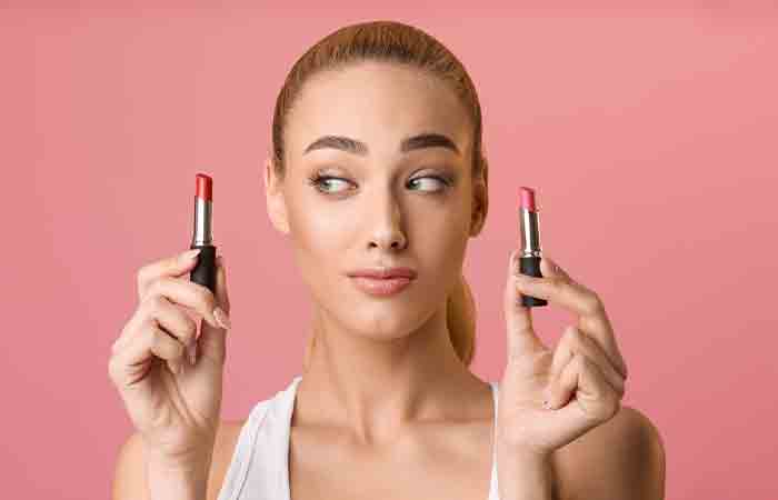 Woman choosing the right lip color for a great makeover