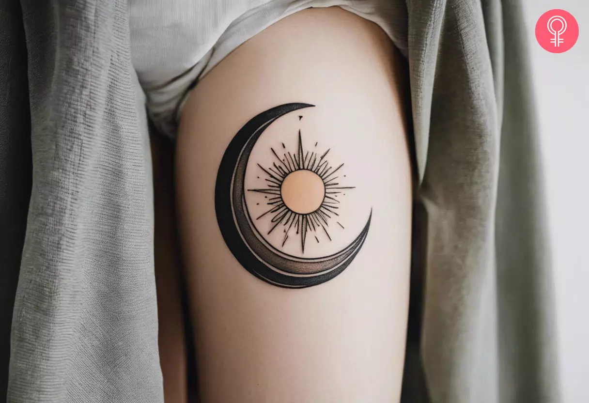 Sun and moon thigh tattoo