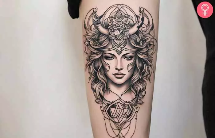  Taurus goddess tattoo on the arm 