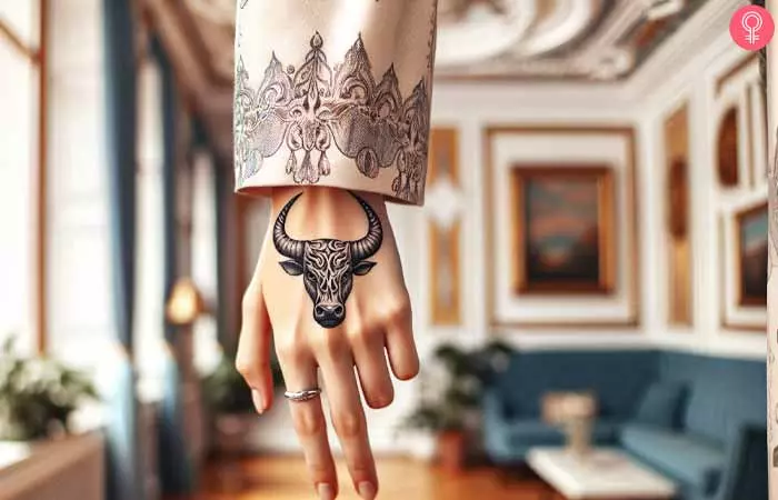  Taurus tattoo on the hand of a woman