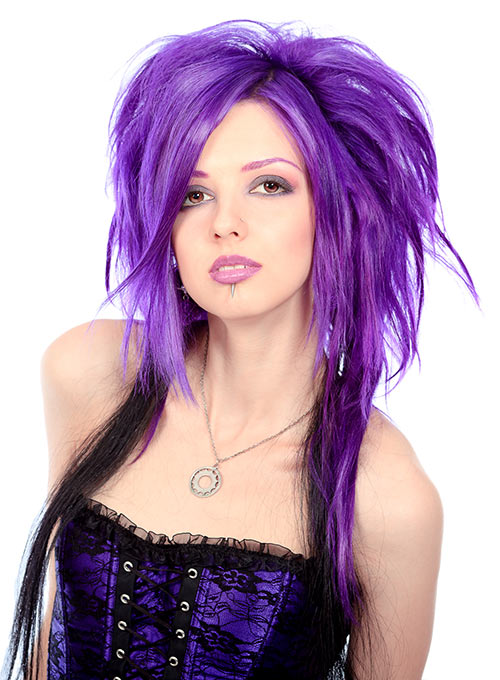 Unkempt purple layered emo hairstyle for girls