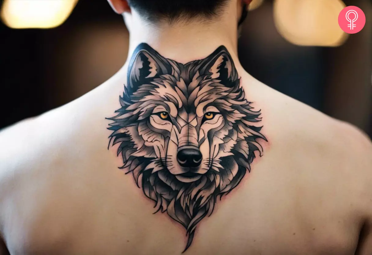 A traditional wolf tattoo on the upper back