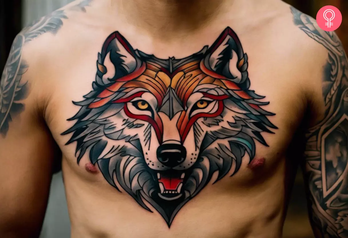 A wolf head tattoo inked on the chest of a man