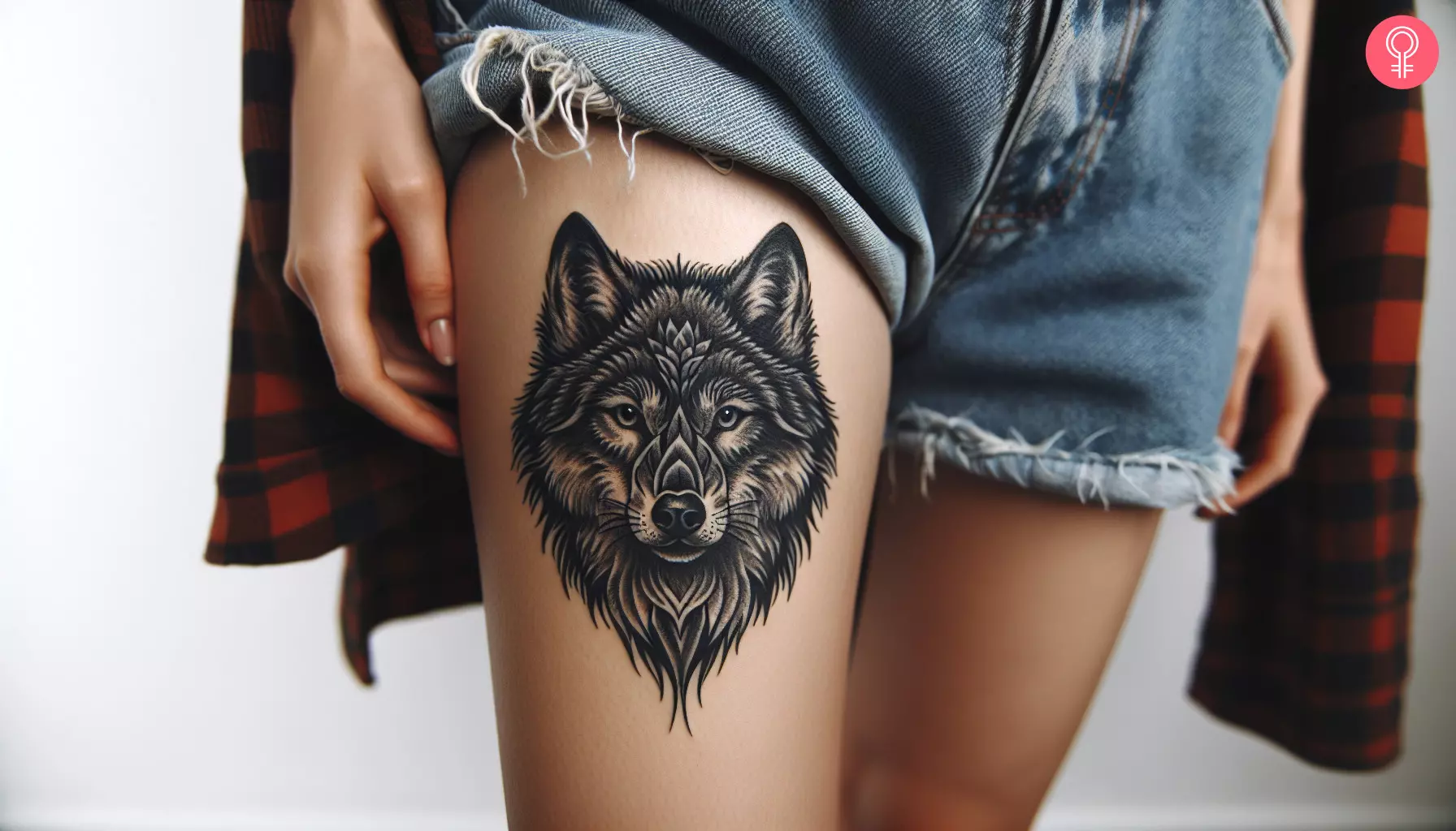 A black wolf head tattoo on the upper thigh