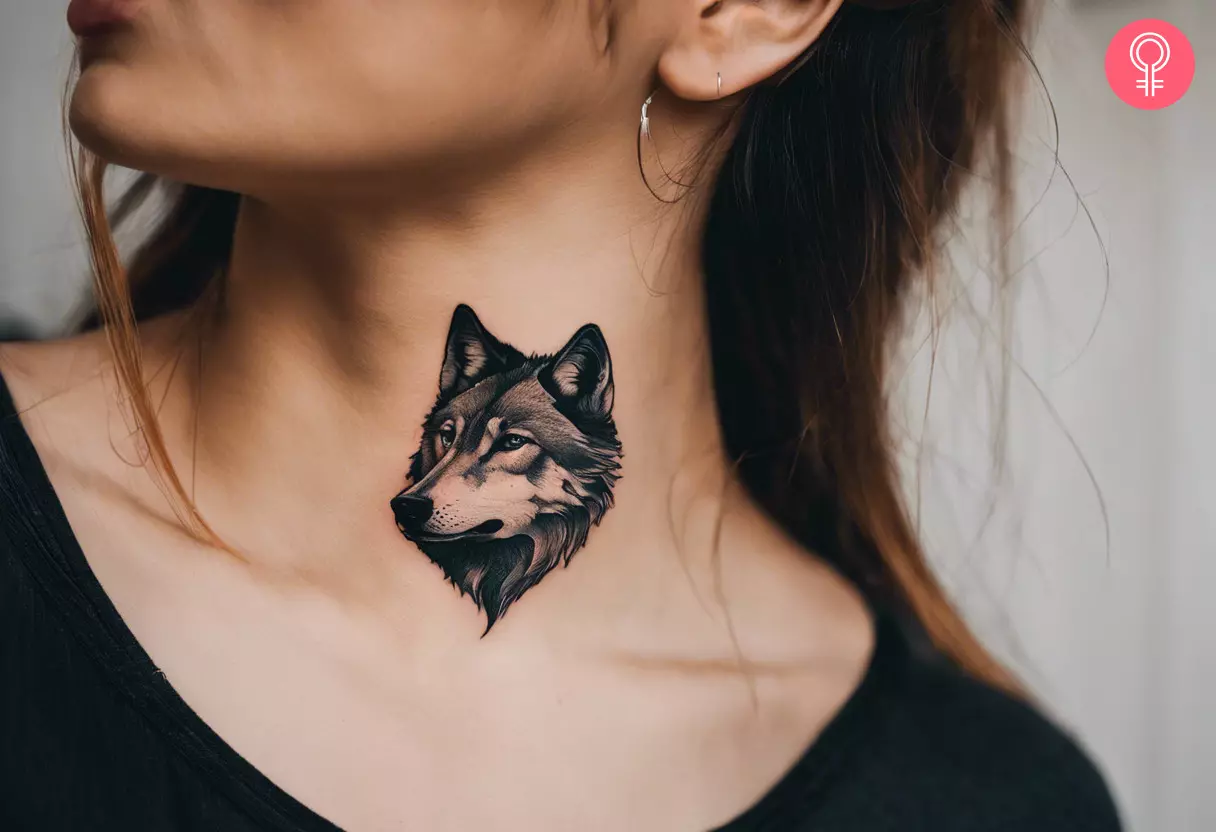 A minimalistic wolf tattoo inked at the base of the neck