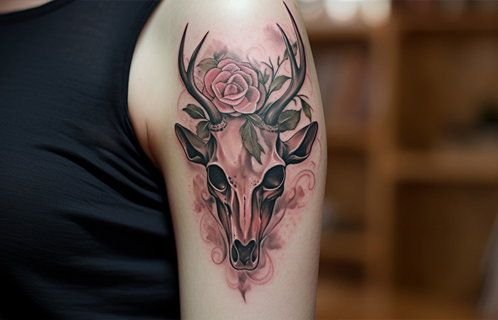 A girl standing with a deer skull tattoo on her arm