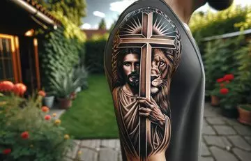 A guy with a Jesus lion tattoo on his arm