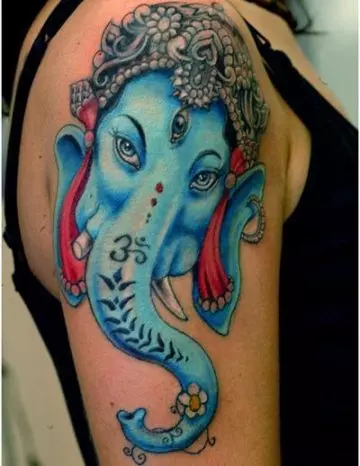 Blue black and red Ganesh tattoo