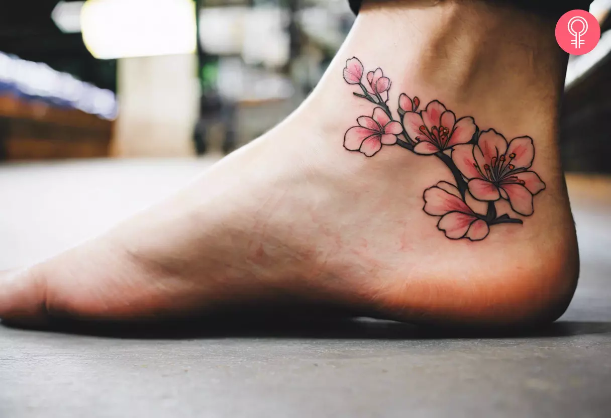 pink cherry blossom tattoo on the ankle.