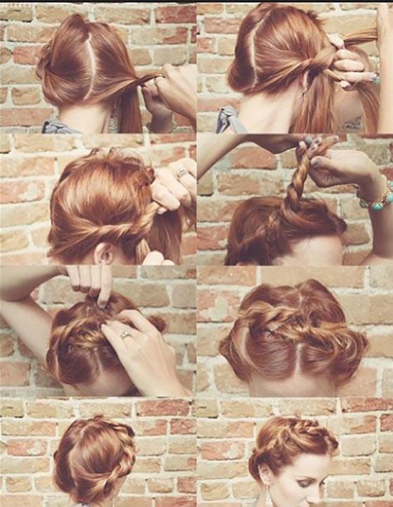 The double braid headband updo for medium hair