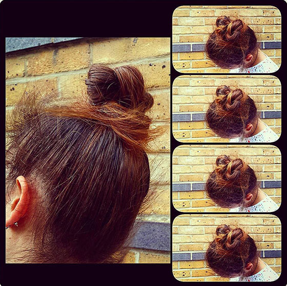 Casual braided updo with loose ends for medium hair