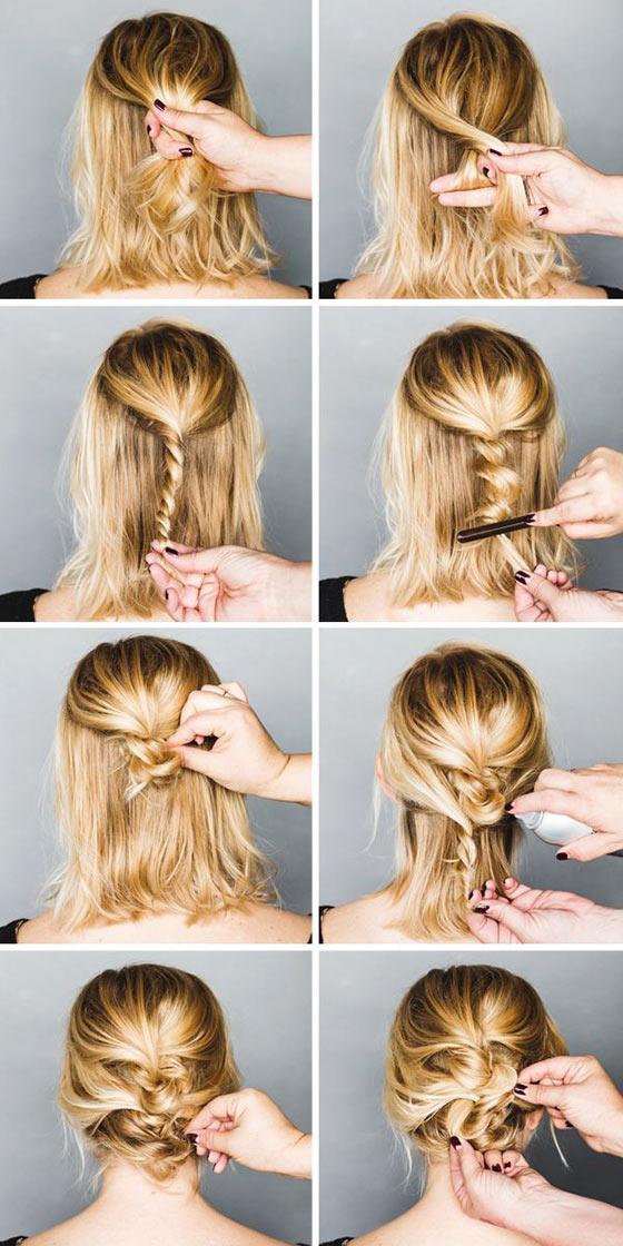 Stylized rope braid bun for medium hair