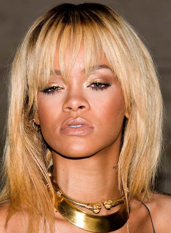 Rihanna sporting her fringed blonde bob hairstyle