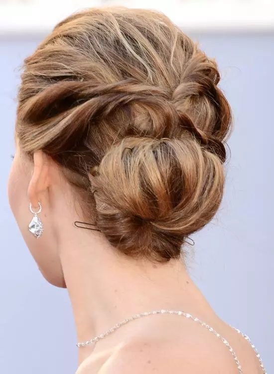 Low solid highlighted updo for short hair