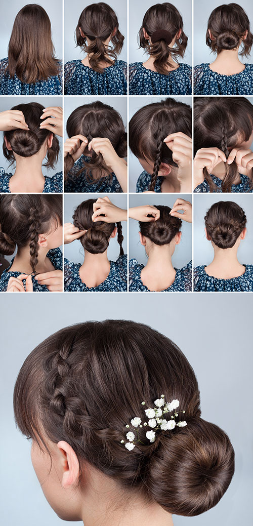 Low bun with side braids updo for medium hair