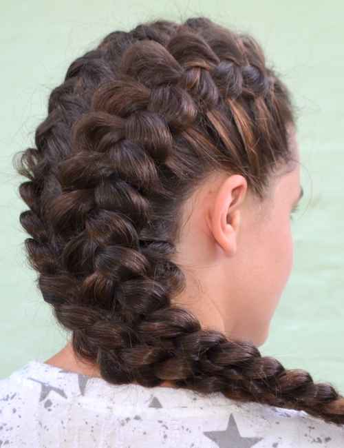 Messy double fishtail braided hairstyle for long thin hair