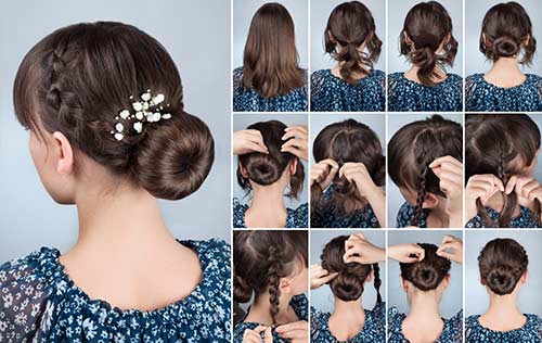 Side braids bun bridal hairstyle for round face