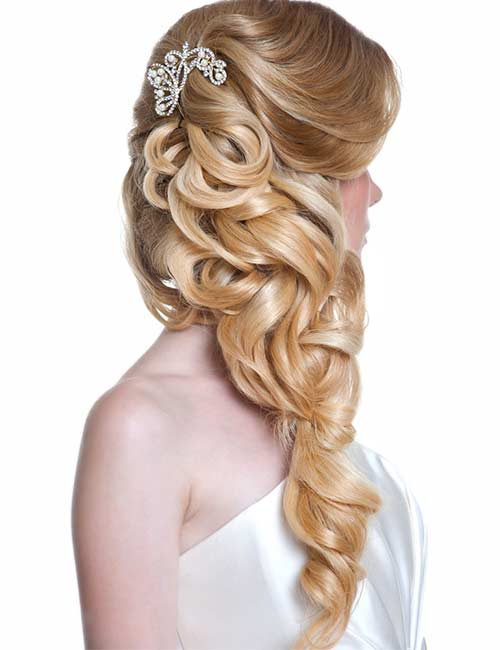 Side swept centerfold bridal hairstyle for round face