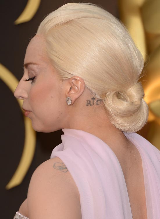 Lady Gaga's silky platinum pony bun hairstyle