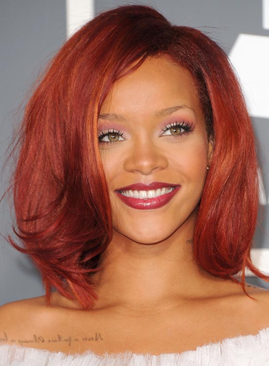 Rihanna sporting a sleeky blunt bob hairstyle