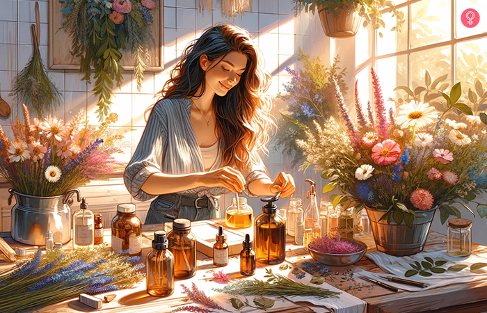 A woman formulating perfume at her home