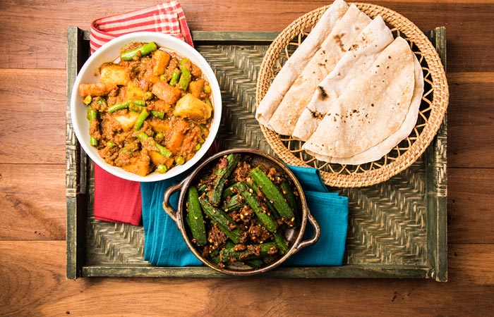 A standard Indian meal with roti and bhindi