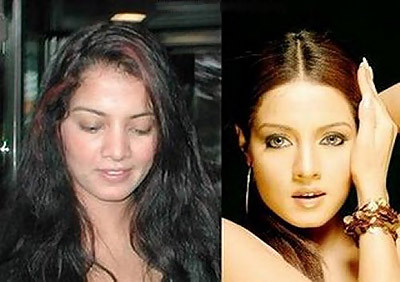 Celina Jaitley without makeup with colored hair care