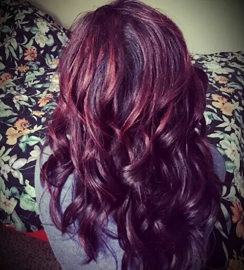 Black or deep brown with burgundy hair highlight