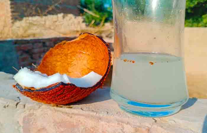 Close up of a piece of dry coconut and a bottle of coconut water