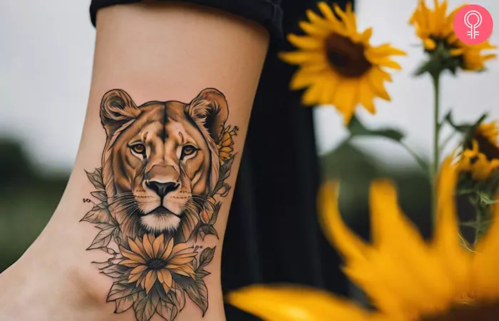 Woman with female lion and sunflower tattoo on her ankle