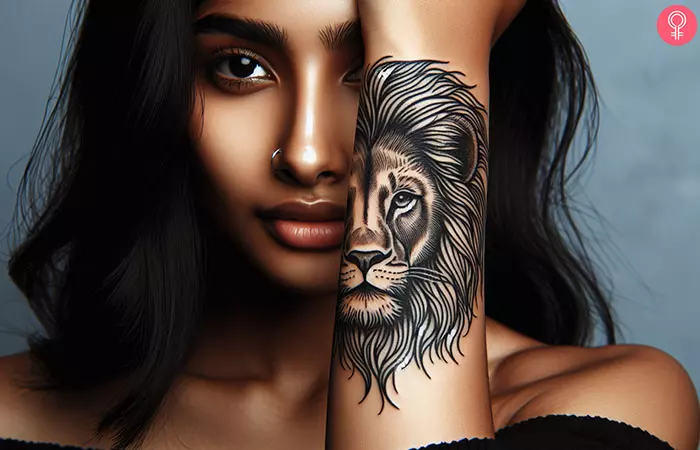 Half face lion tattoo on her hand