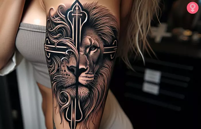 Half lion half cross tattoo on her arm