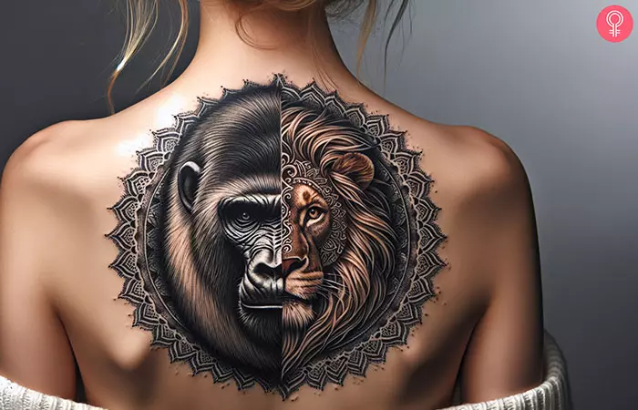 Half lion half gorilla tattoo on her upper back