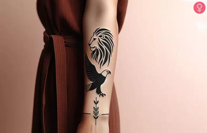 Lion and eagle tattoo on her hand