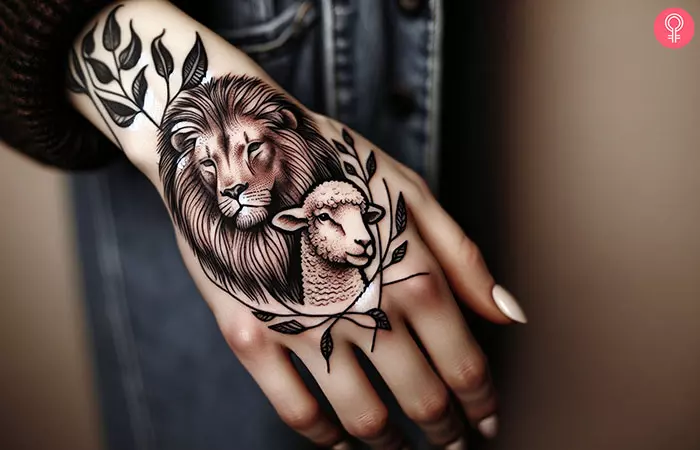 Lion and lamb tattoo on her hand