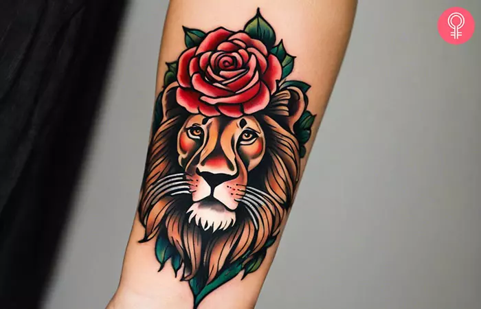 Lion and rose tattoo on the wrist