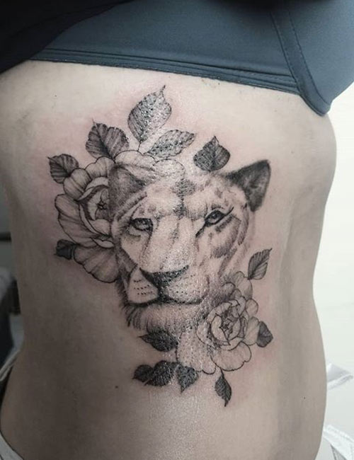 Lion Tattoo On Side Rib