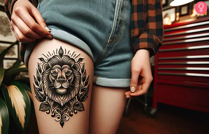 Woman with old school lion tattoo on her thigh