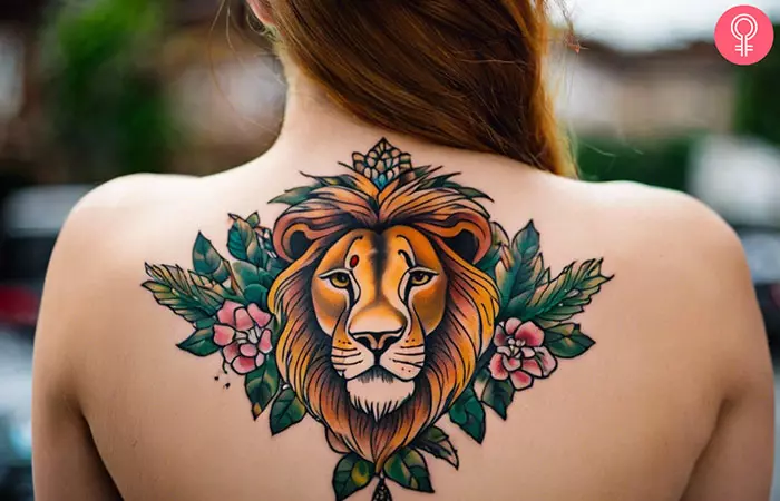 Traditional lion tattoo on the upper back