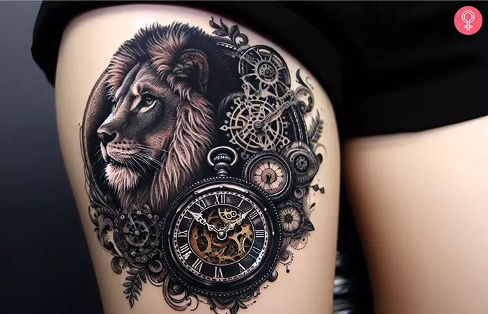 Lion clock tattoo on the thigh