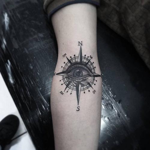 Compass Black and Grey Tattoo Design