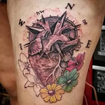 Watercolor heart compass tattoo design