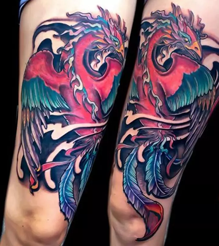 A woman with phoenix tattoo designs on her thighs