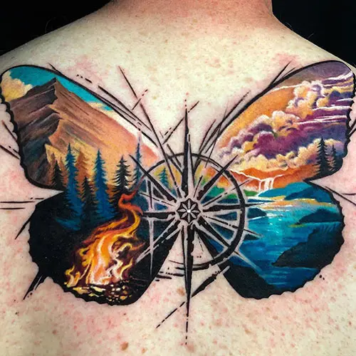 Butterfly compass tattoo design