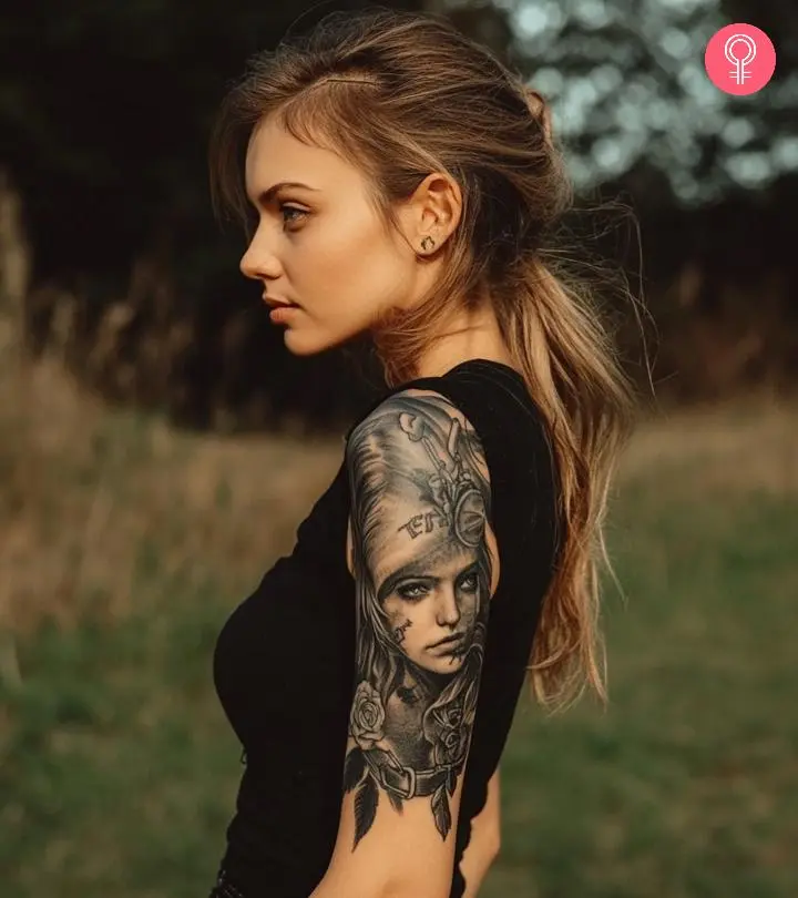 A woman with prison tattoos all over her body