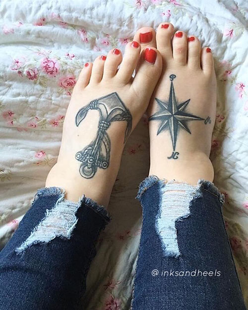 Feet compass tattoo design