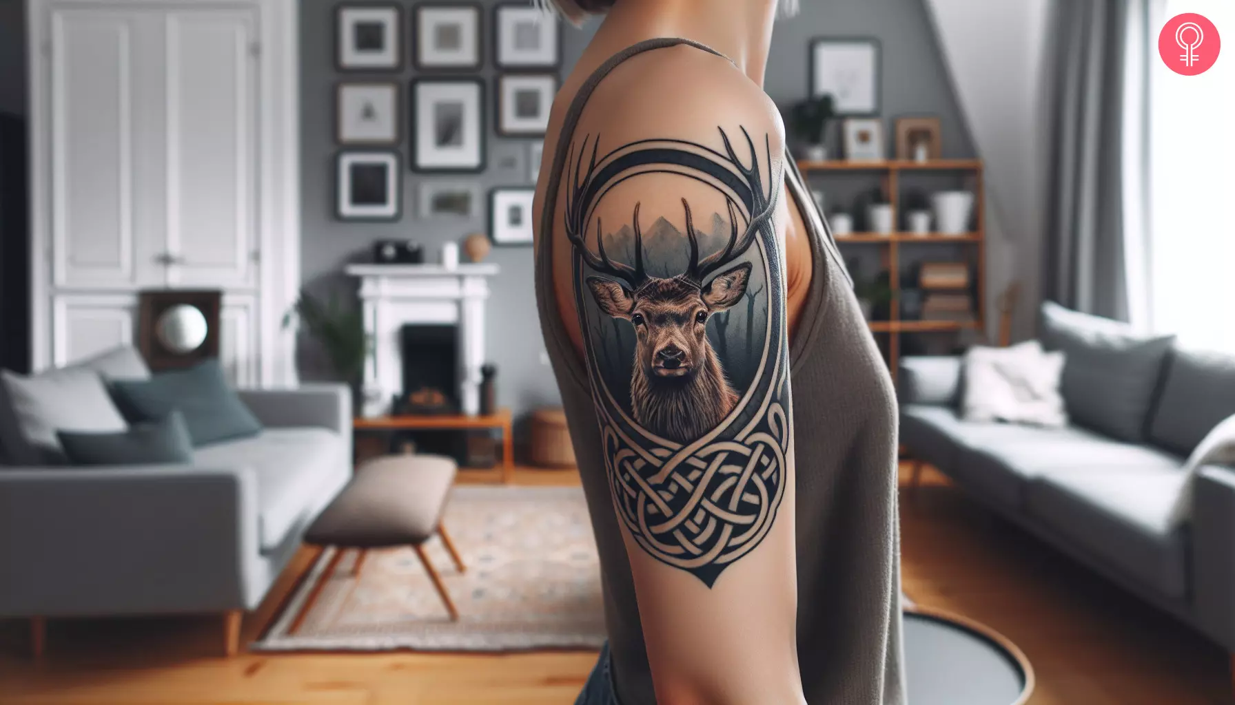 A Celtic deer tattoo on the upper arm