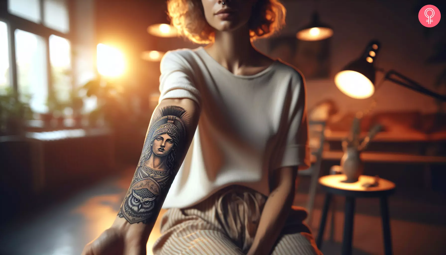 A Greek tattoo design on the forearm of a woman