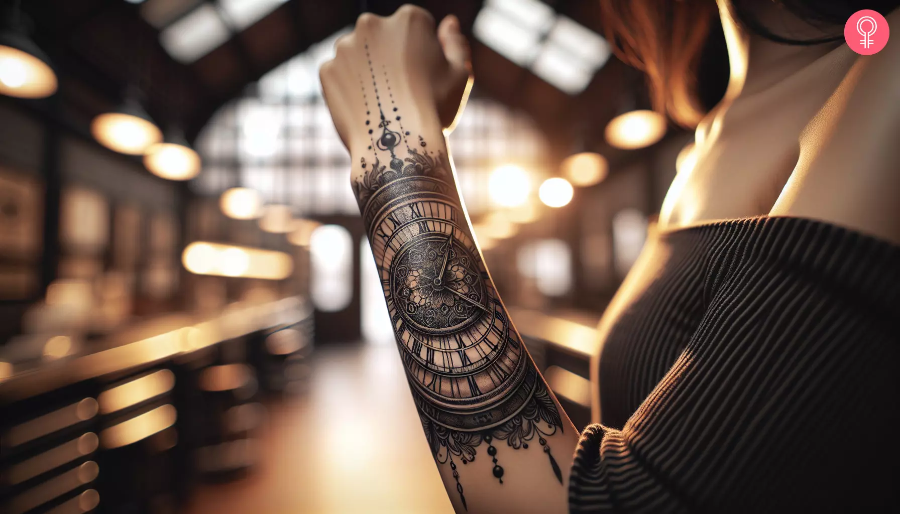 A birth clock tattoo design on the forearm of a woman